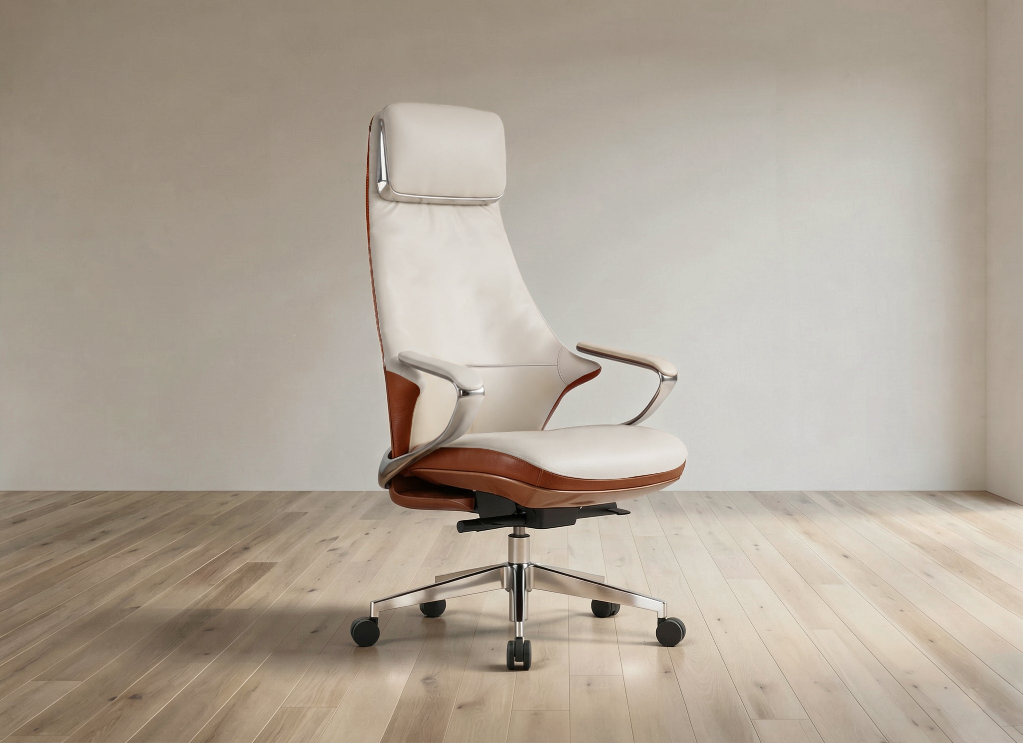 A modern high-back office chair with cream leather upholstery and brown wood-look side panels, mounted on a chrome five-star wheeled base, set against a minimalist beige wall and light wood floor.