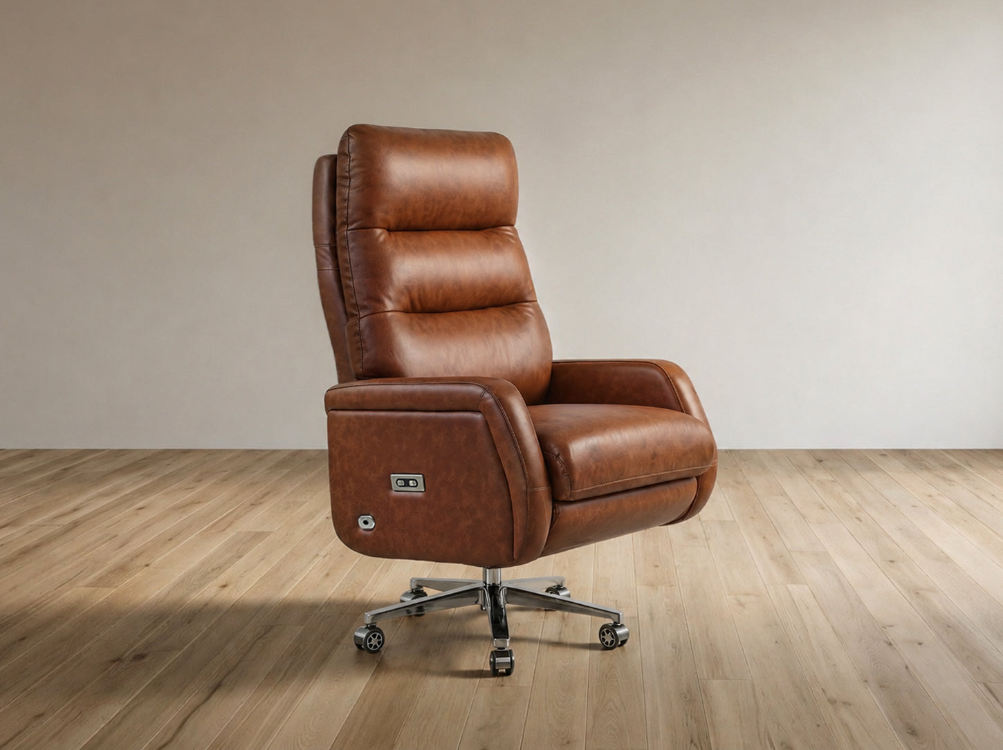 Brown leather recliner chair on a wooden floor with a beige wall background