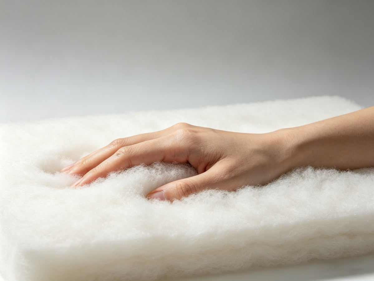 Hand resting on a soft white surface with a blurred background