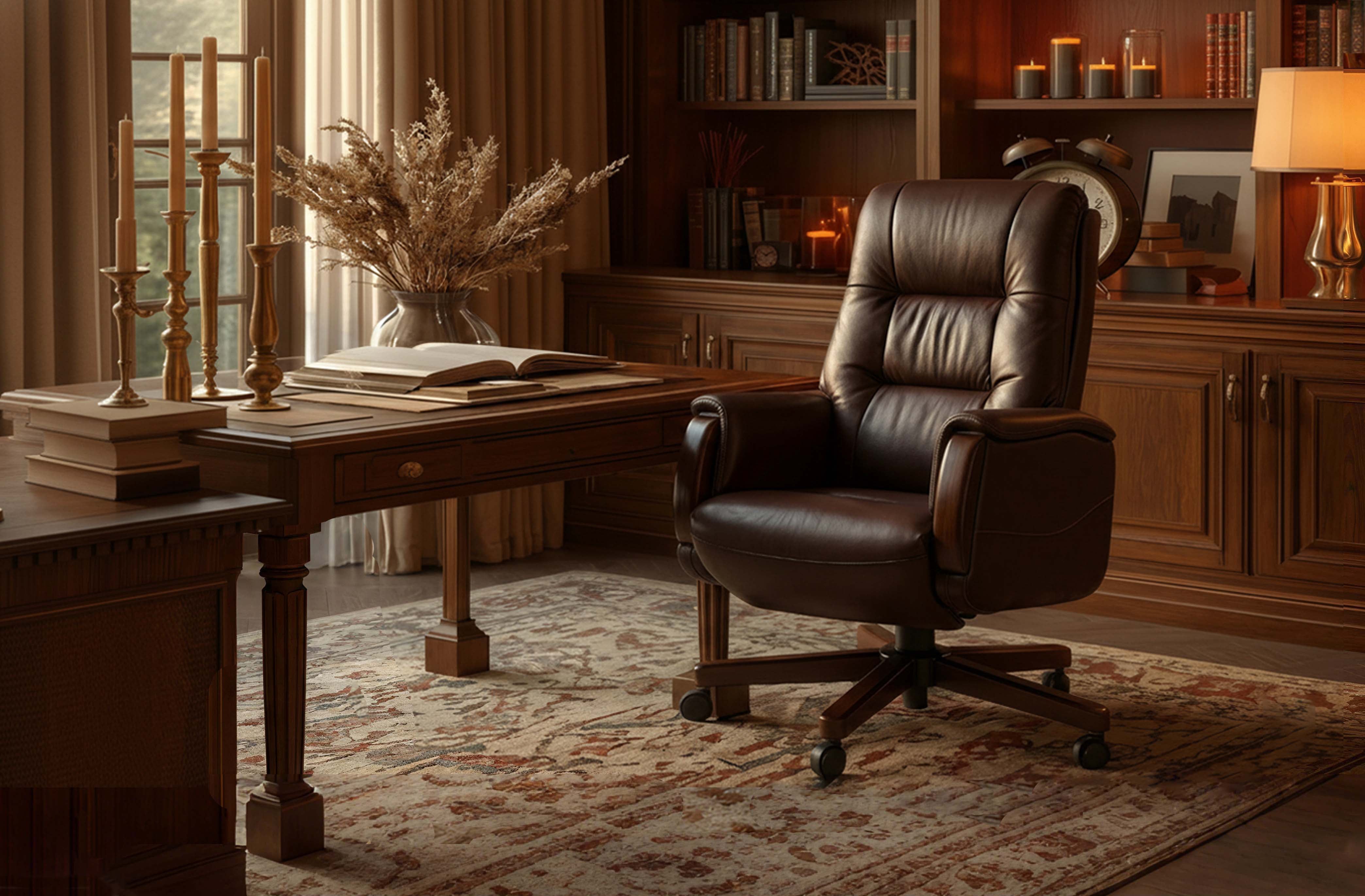 A dark brown leather high-back office chair in a warm, rustic home office setting with a wooden desk, bookshelves, and a patterned rug.