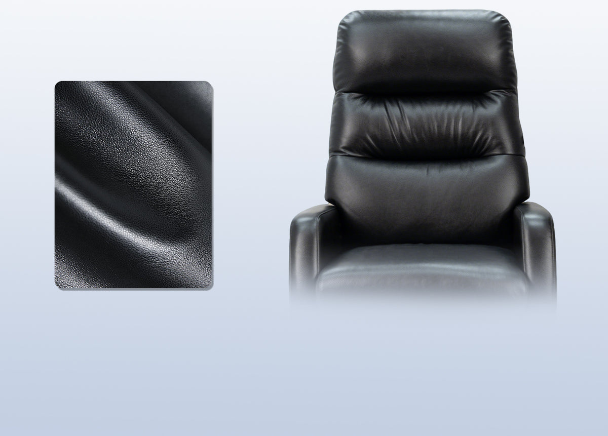 Black leather armchair with close-up of leather texture on a light gray background