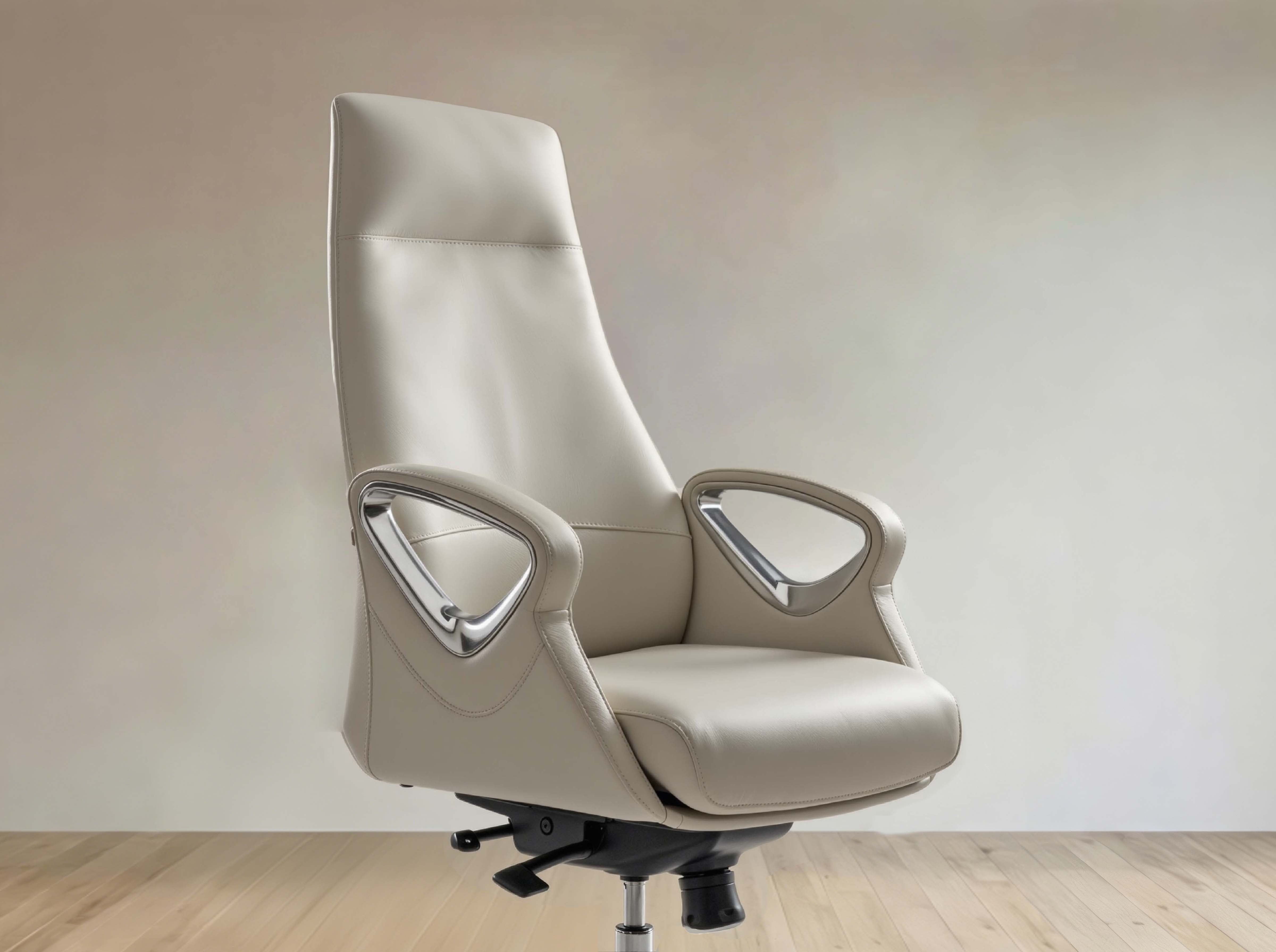 A high-back office chair upholstered in light beige leather with curved armrests and chrome accents, shown on a black wheeled base against a neutral beige wall and light wood floor.