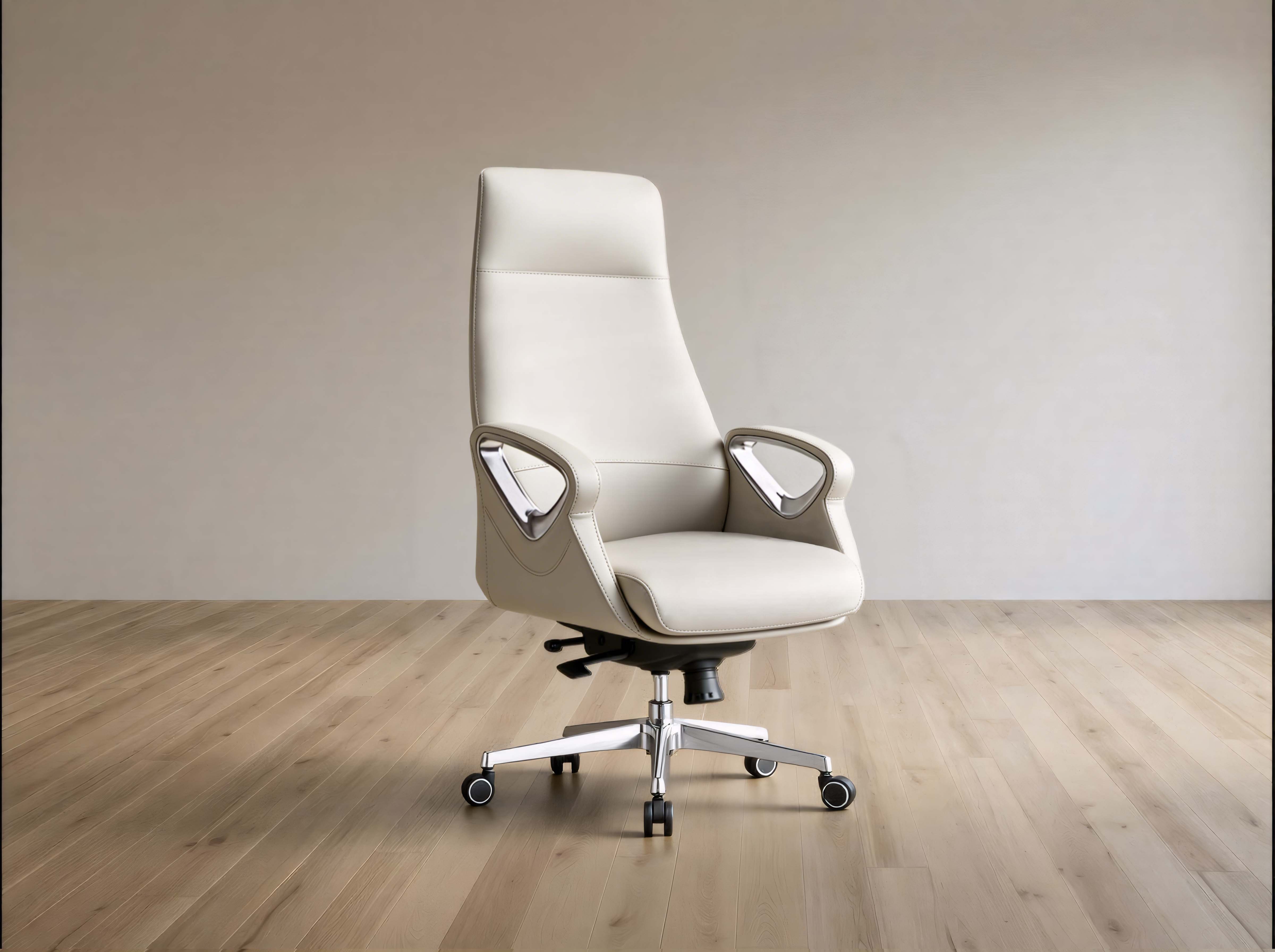 A modern high-back office chair upholstered in light beige leather, featuring chrome armrests and a five-star metal base with casters, set against a minimalist beige wall and light wood floor.