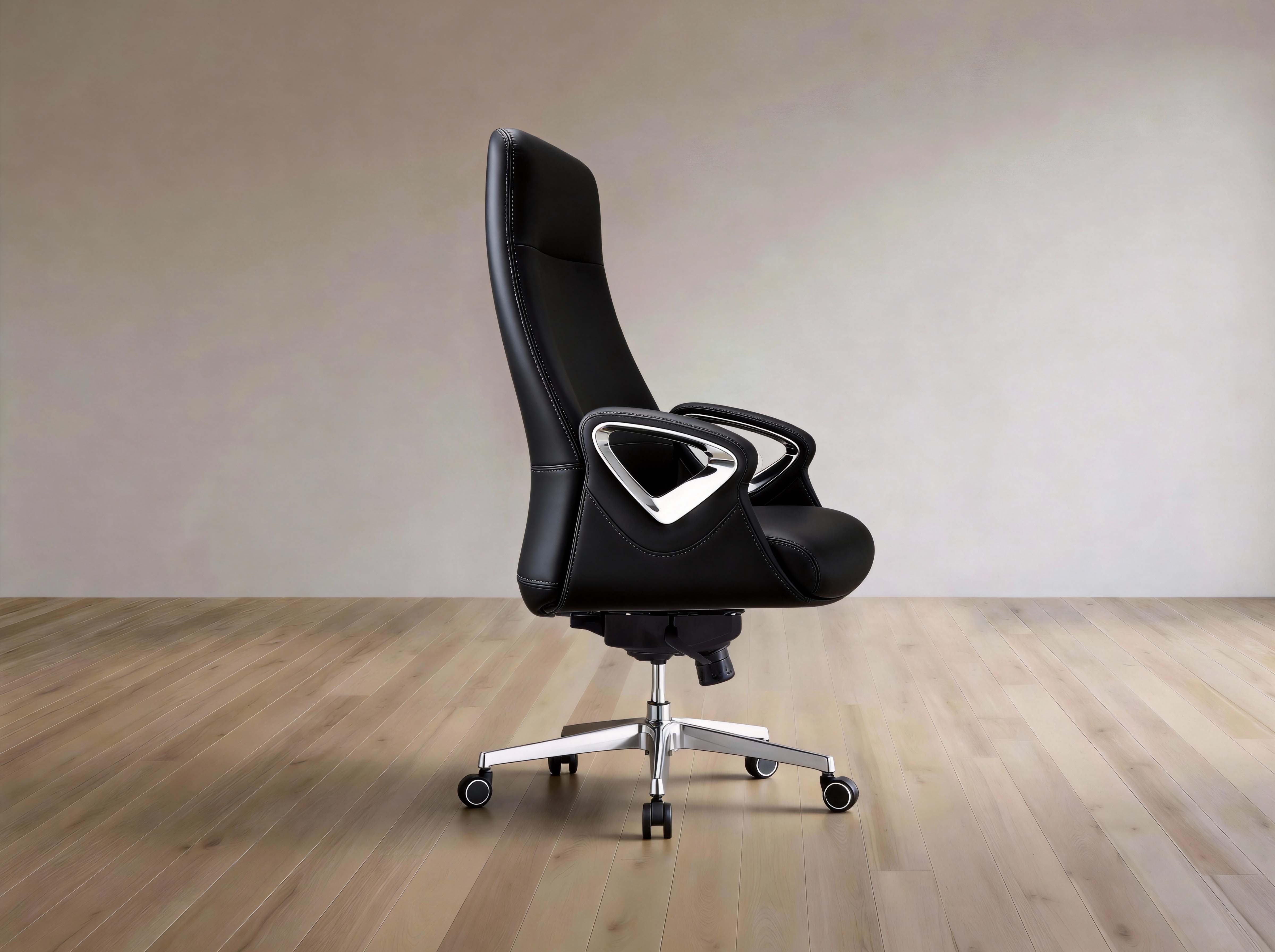 A modern black leather office chair with a high back, sculpted armrests, and a chrome five-star base, shown on a light wood floor against a neutral beige wall.