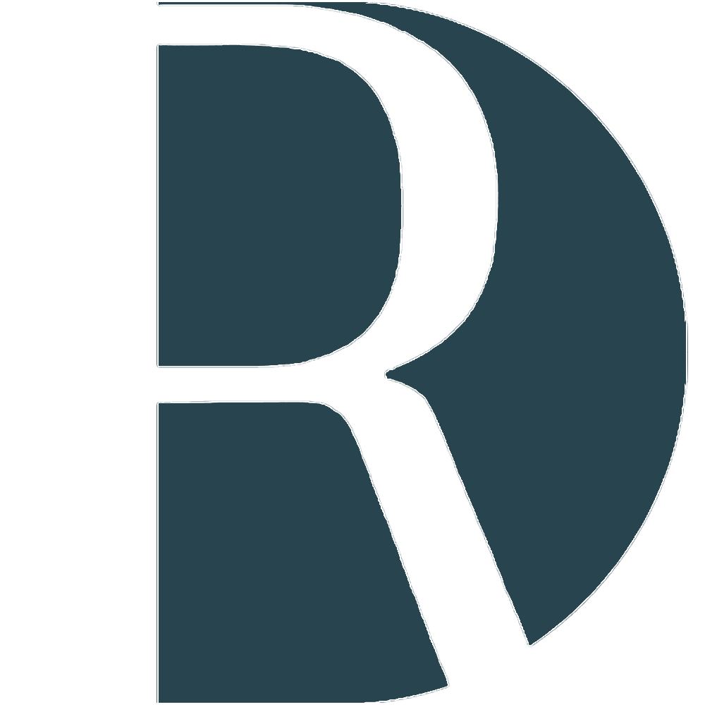 A stylized dark teal letter R on a plain white background.