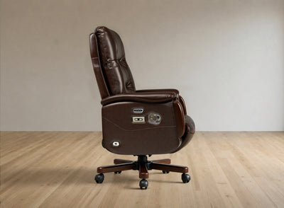 A dark brown leather recliner office chair with a five-star wheeled base, shown in a side profile against a neutral beige wall and light wood floor.