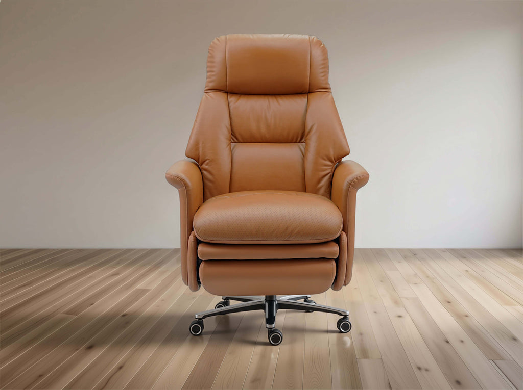Brown leather recliner chair on a wooden floor with a plain wall background