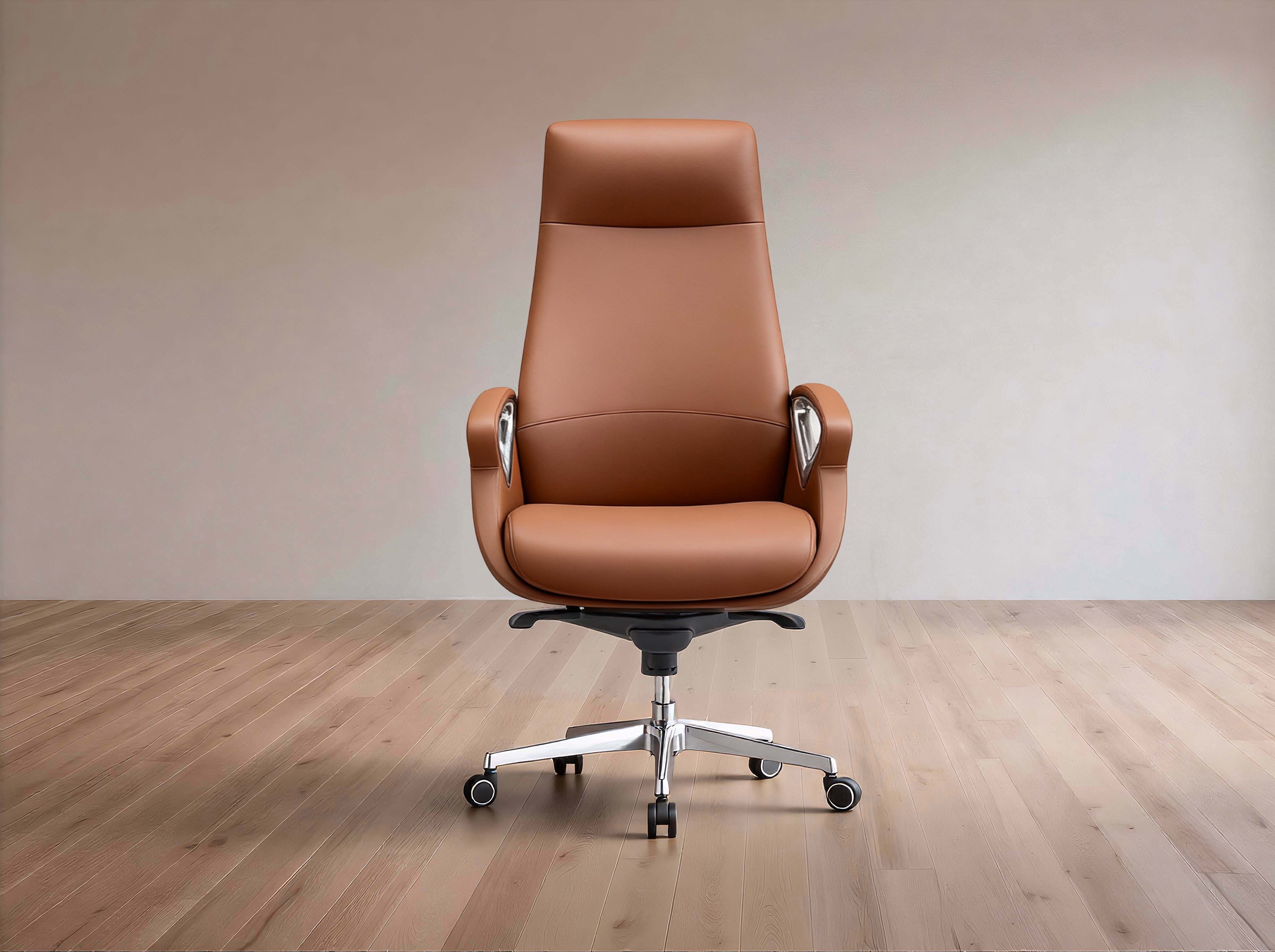 A high-back brown leather office chair with a chrome five-star base and casters, set against a minimalist beige wall and light wood floor.