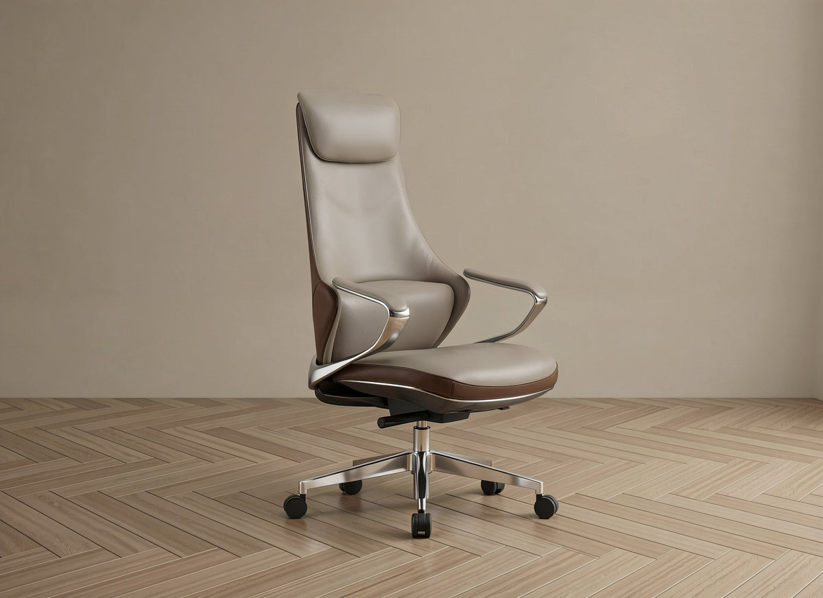 Modern office chair with a high backrest on a wooden floor and beige wall background