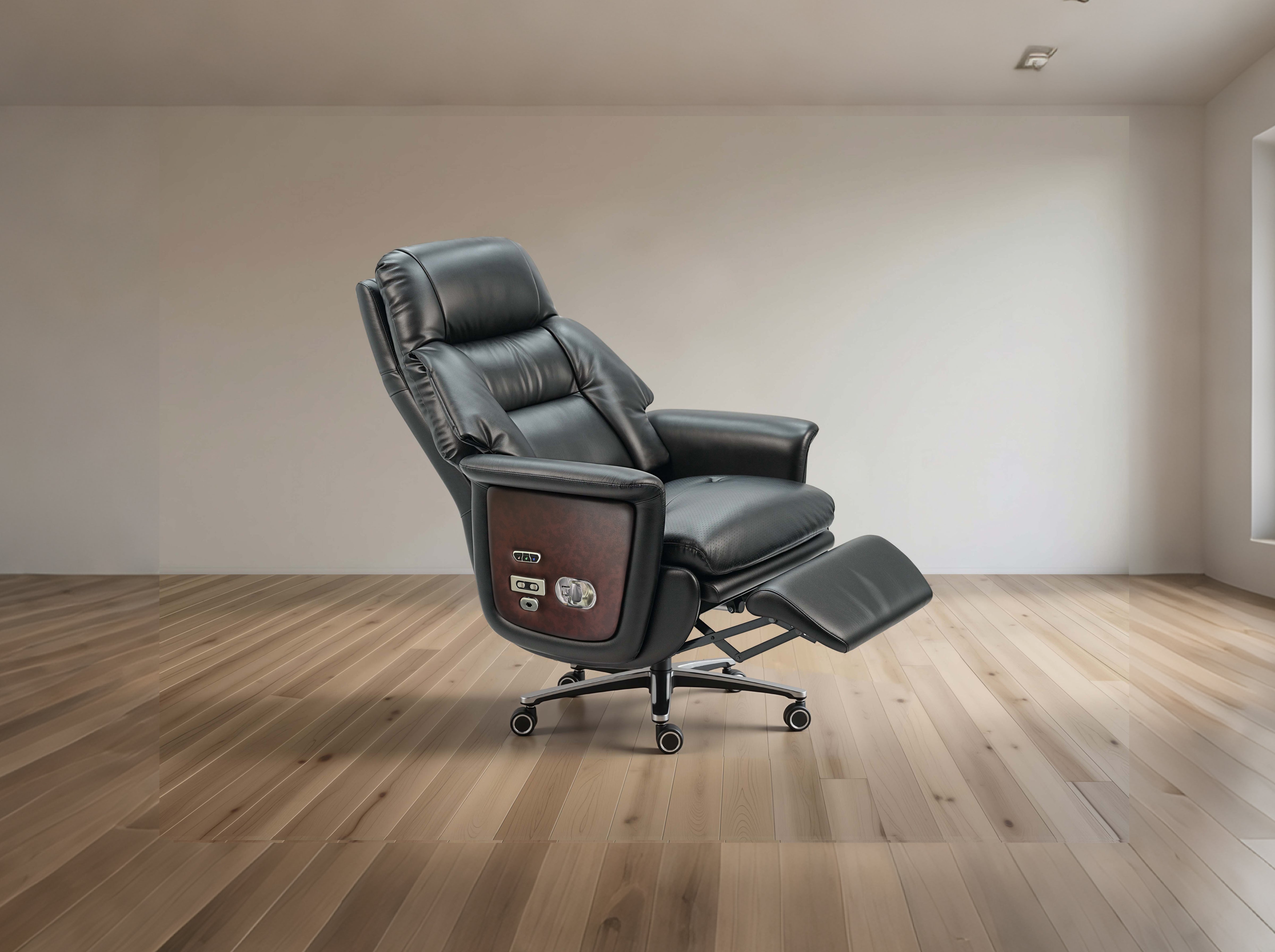 A black leather recliner chair with a footrest and wood-grain side panel, shown in a minimalist room with light wood floors and off-white walls.