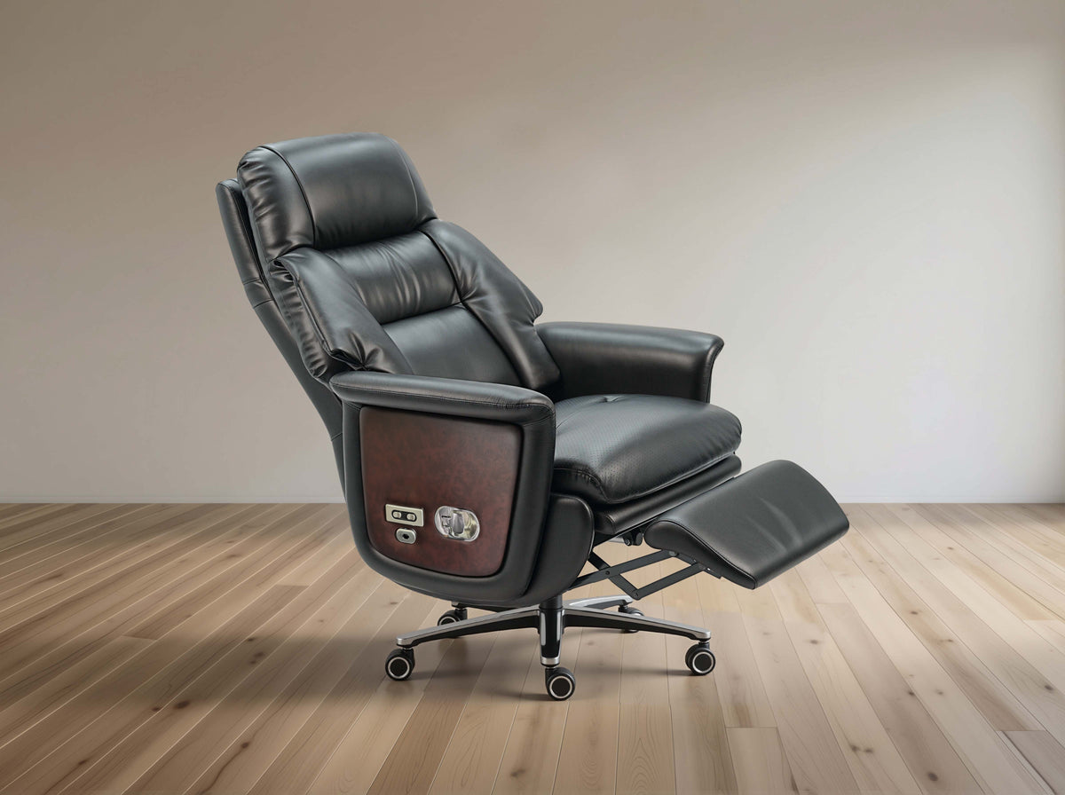 Black leather recliner chair on a wooden floor with a neutral wall background