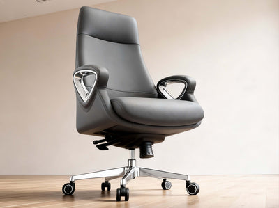 A modern black leather office chair with a high back, chrome five-star base, and triangular armrests, shown in a minimalist room setting with a beige wall and light wood floor.