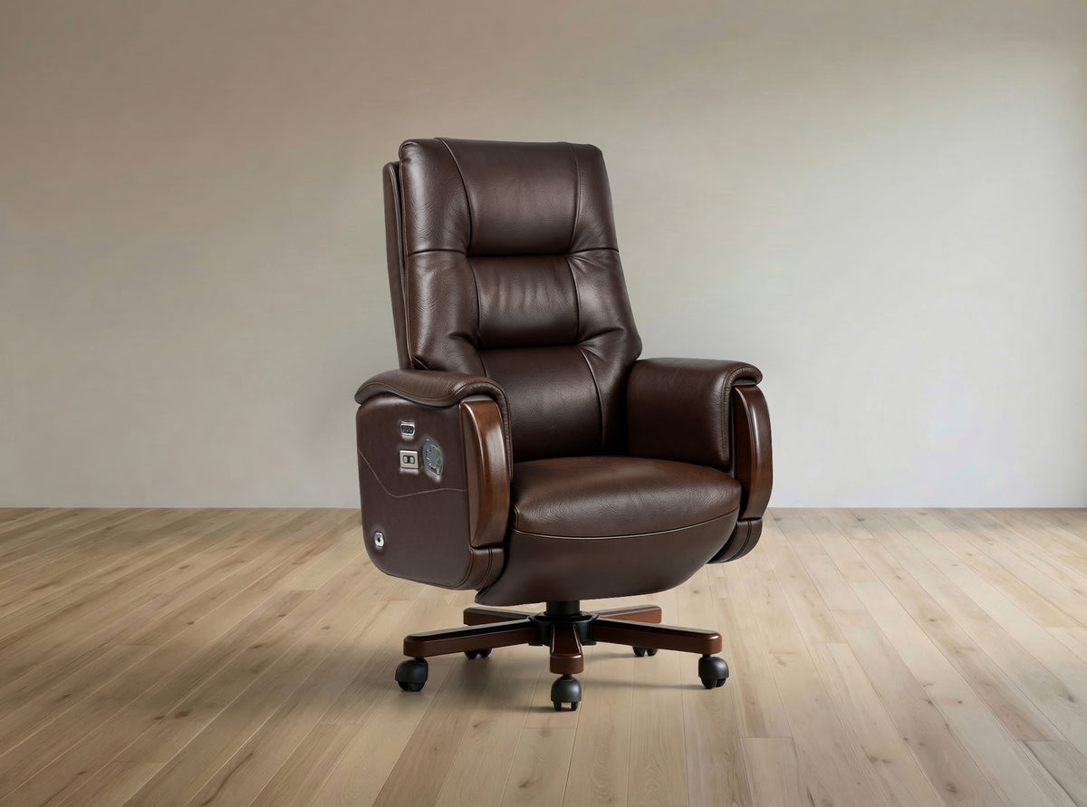 A dark brown leather office chair with a high back, padded armrests, and a five-star wheeled base, shown in a minimalist room with light wood flooring and a beige wall.