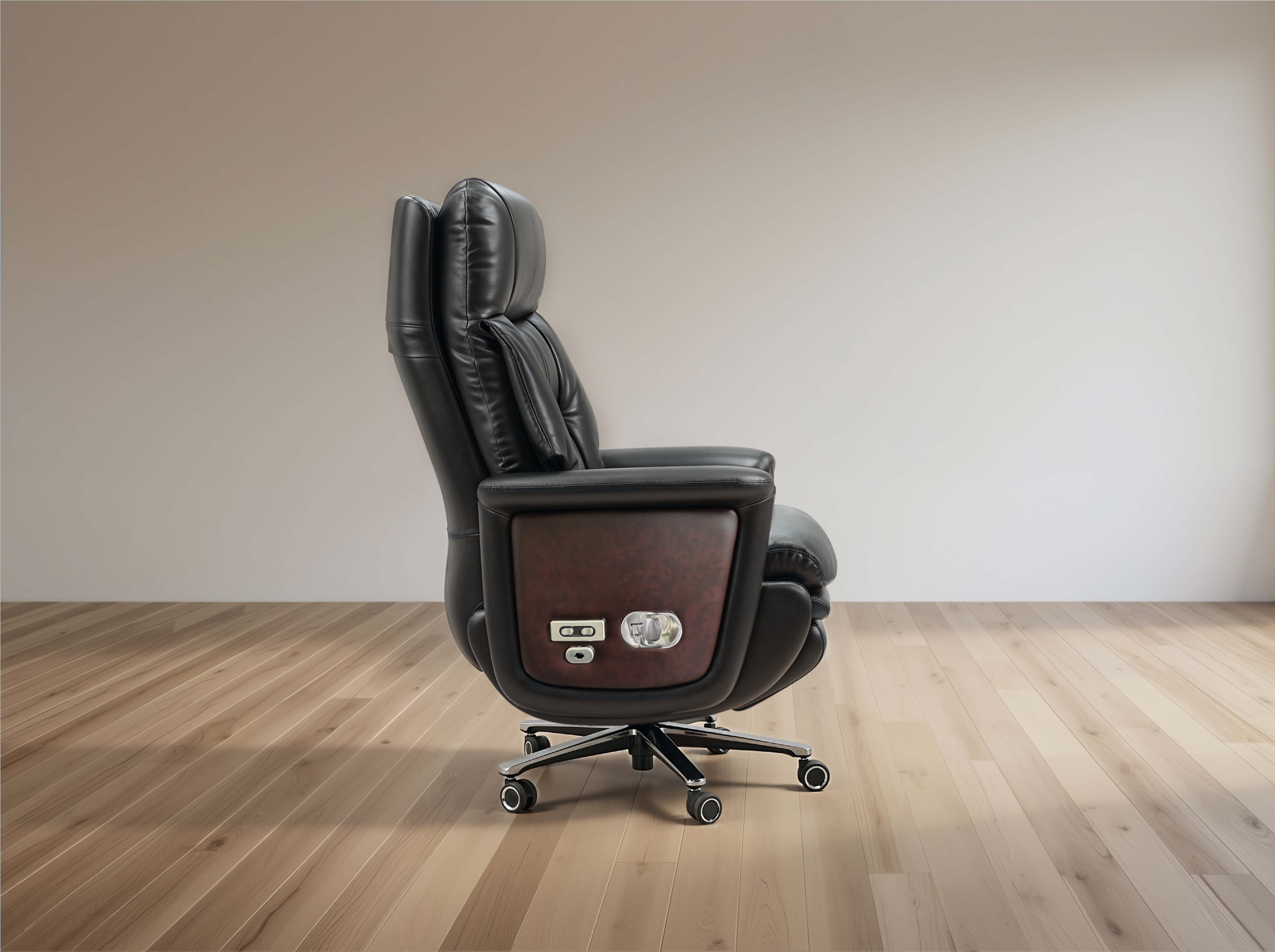 Brown leather recliner chair on a wooden floor with a plain wall background