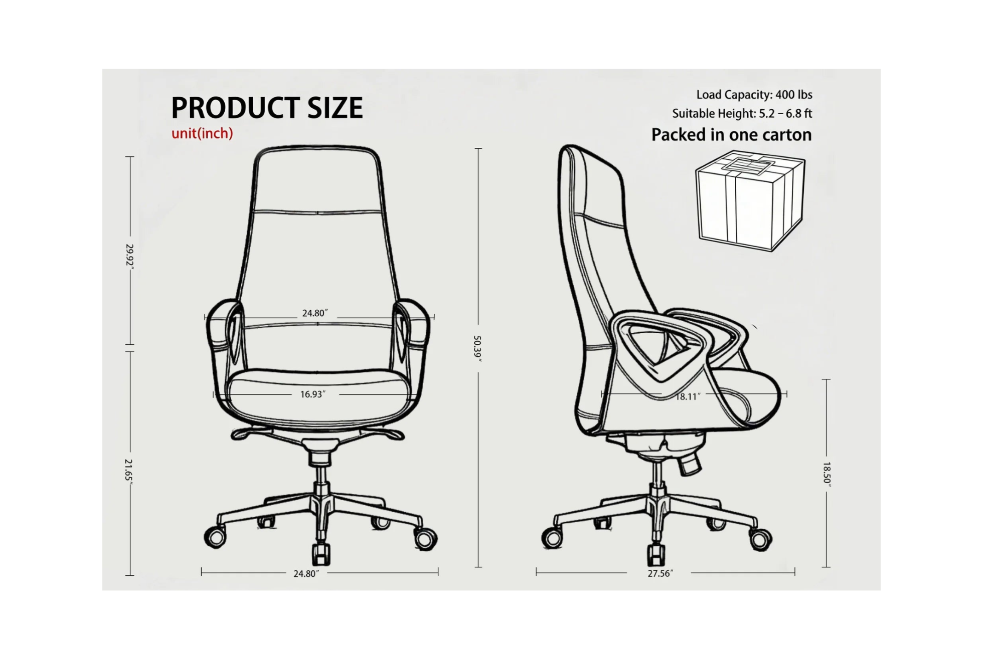 Diagram of an office chair with dimensions and packaging information.