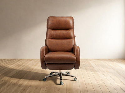 Brown leather office chair on a wooden floor with a beige wall background