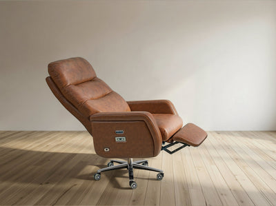 Brown leather recliner chair on a wooden floor with a plain wall background