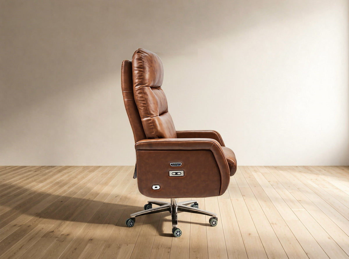 Brown leather office chair on a wooden floor with a neutral wall background