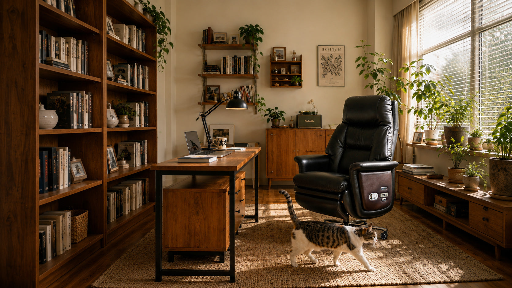 A cozy home office scene with a dark leather office chair, wooden desk, bookshelves, and potted plants, with a cat walking on a rug in the foreground.