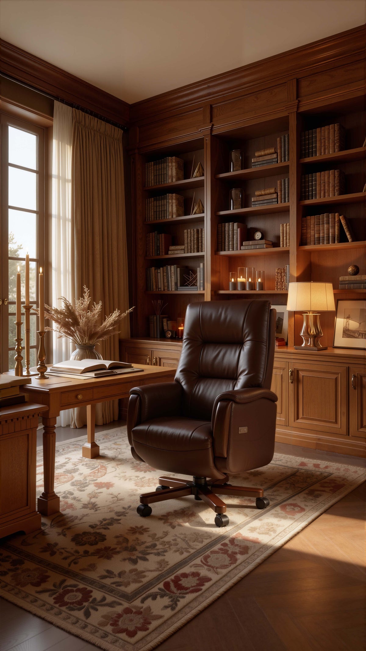 A warm, traditional home office scene featuring a dark brown leather swivel office chair in the foreground, set on a patterned area rug. The background is dominated by a large wooden bookshelf filled with books, a matching wooden desk, and a lit table lamp, all under warm sunlight streaming in from a window on the left.