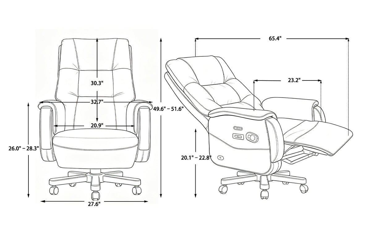 Black and white line drawing schematic of an office chair showing front and side/reclined dimensions with measurement labels and arrows.