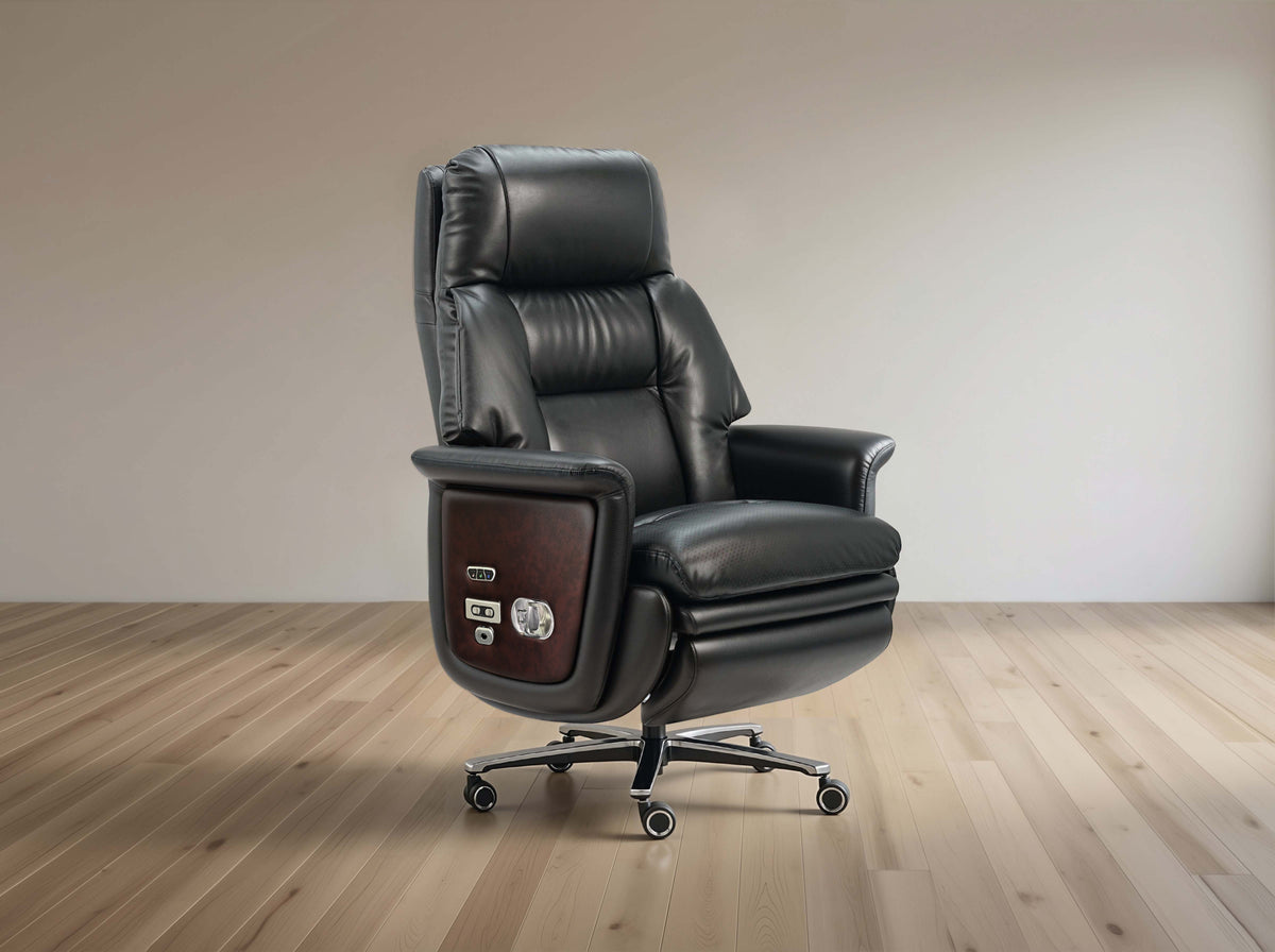Black leather recliner chair on a wooden floor with a plain wall background