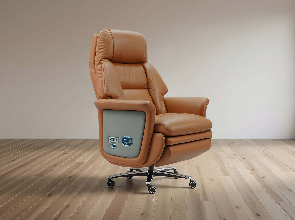 Brown leather recliner chair on a wooden floor with a plain wall background