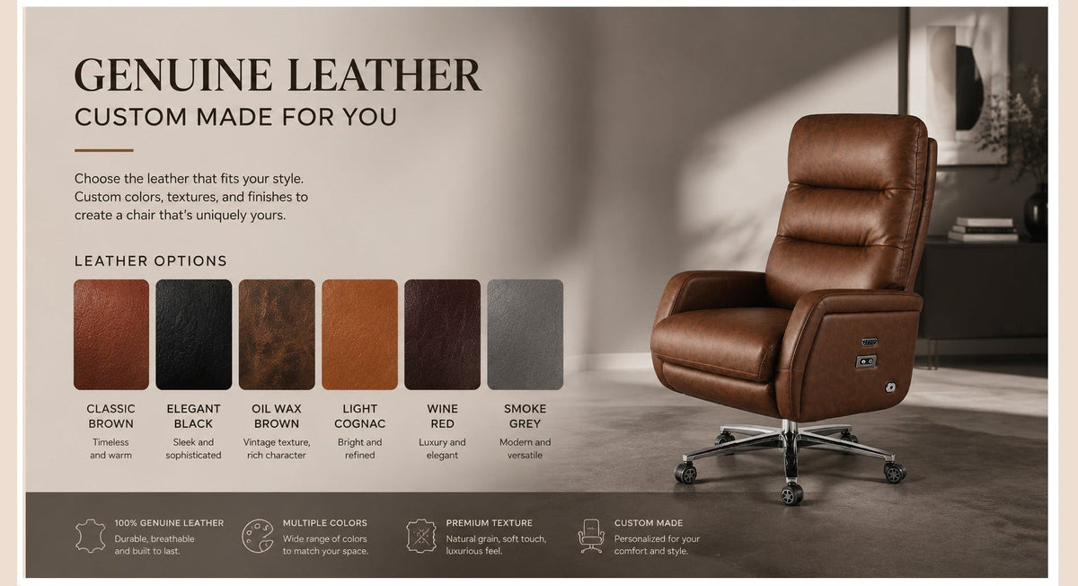 A promotional graphic for a genuine leather recliner chair. The right side shows a brown leather recliner in a modern room setting.