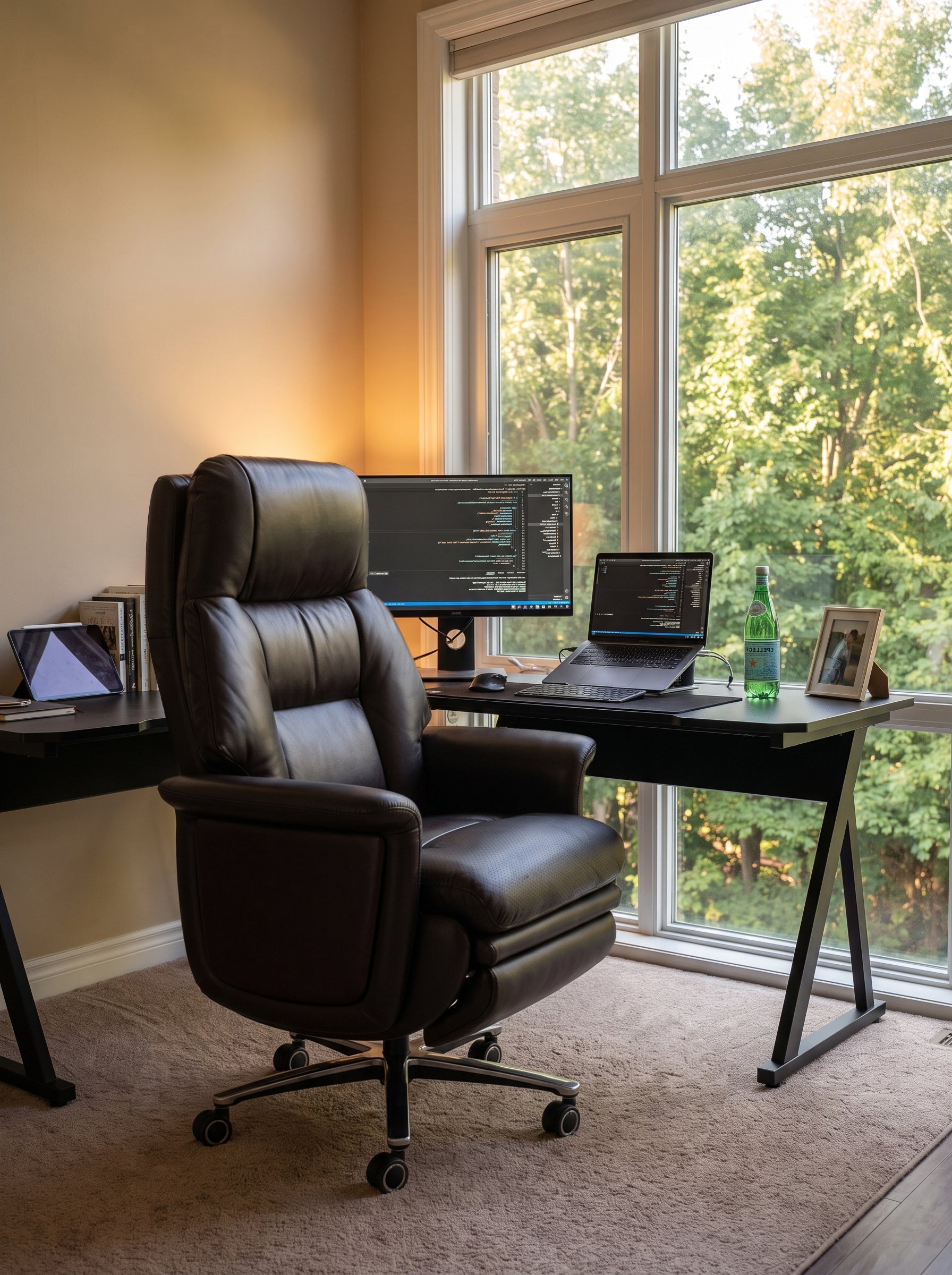 Home office with a desk, chair, and computer setup by a large window.