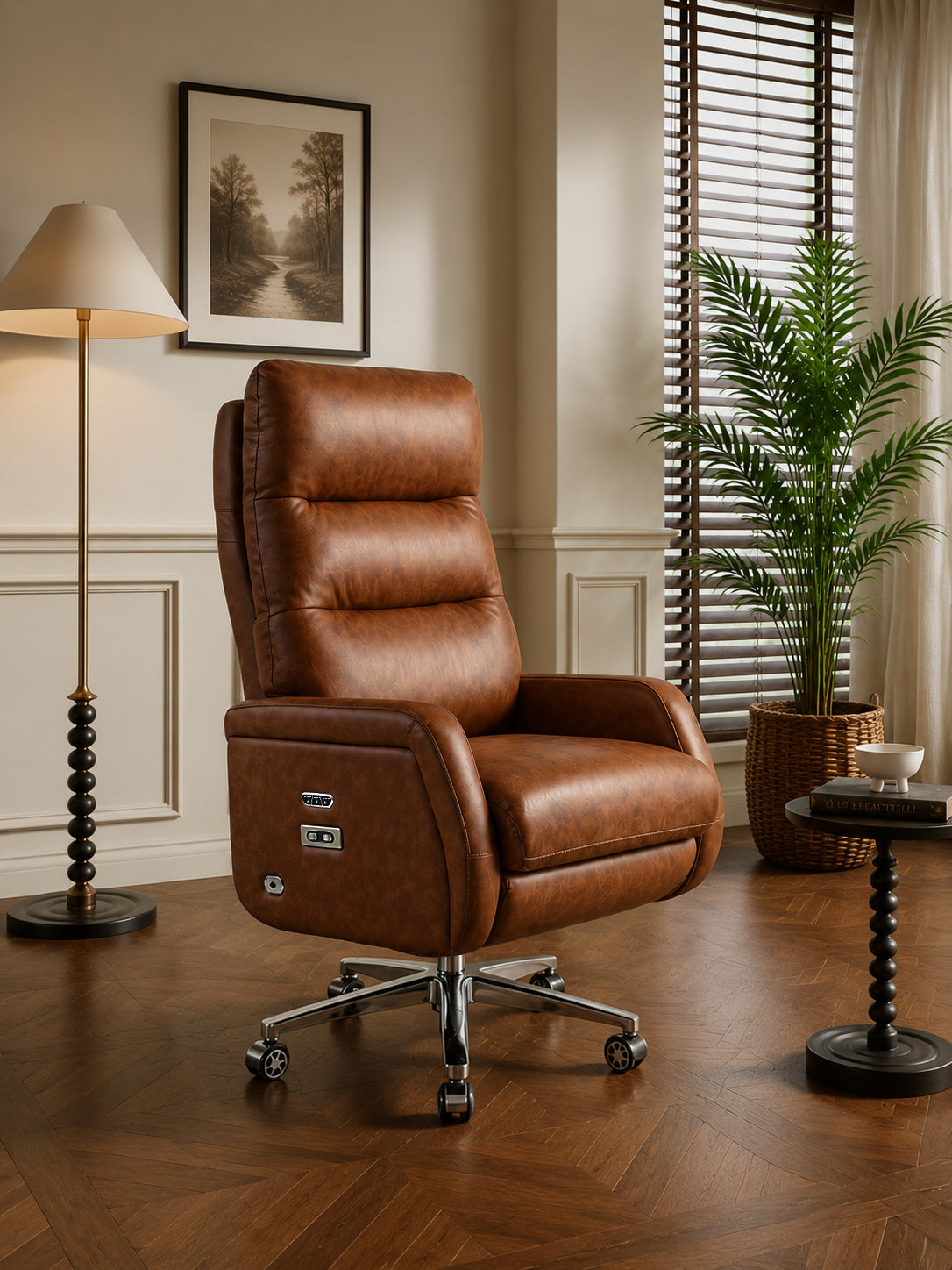 A brown leather high-back recliner chair with a chrome swivel base, shown in a styled home office setting with a floor lamp, framed wall art, a potted plant, and a small side table.