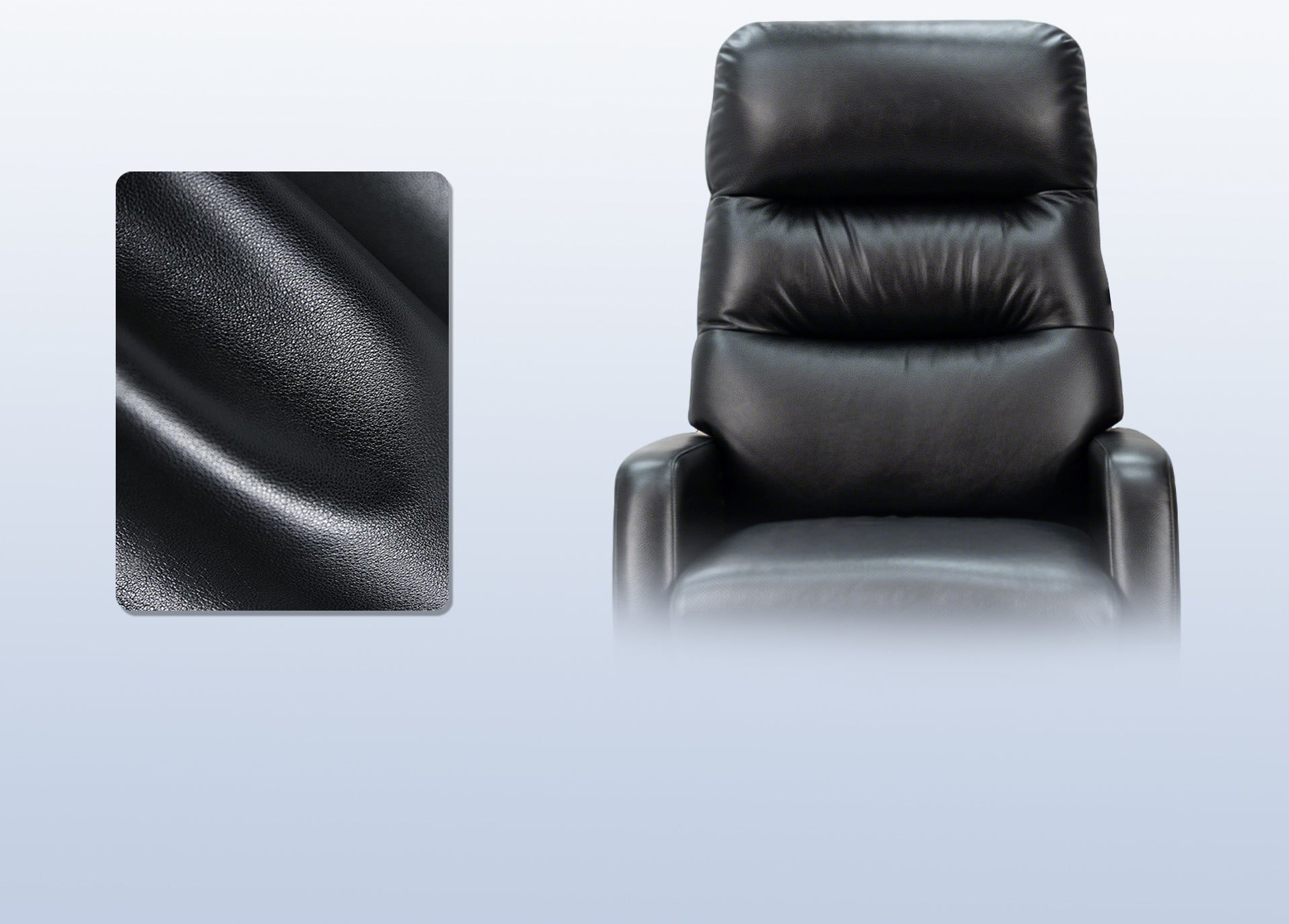 Black leather armchair with close-up of leather texture on a light gray background