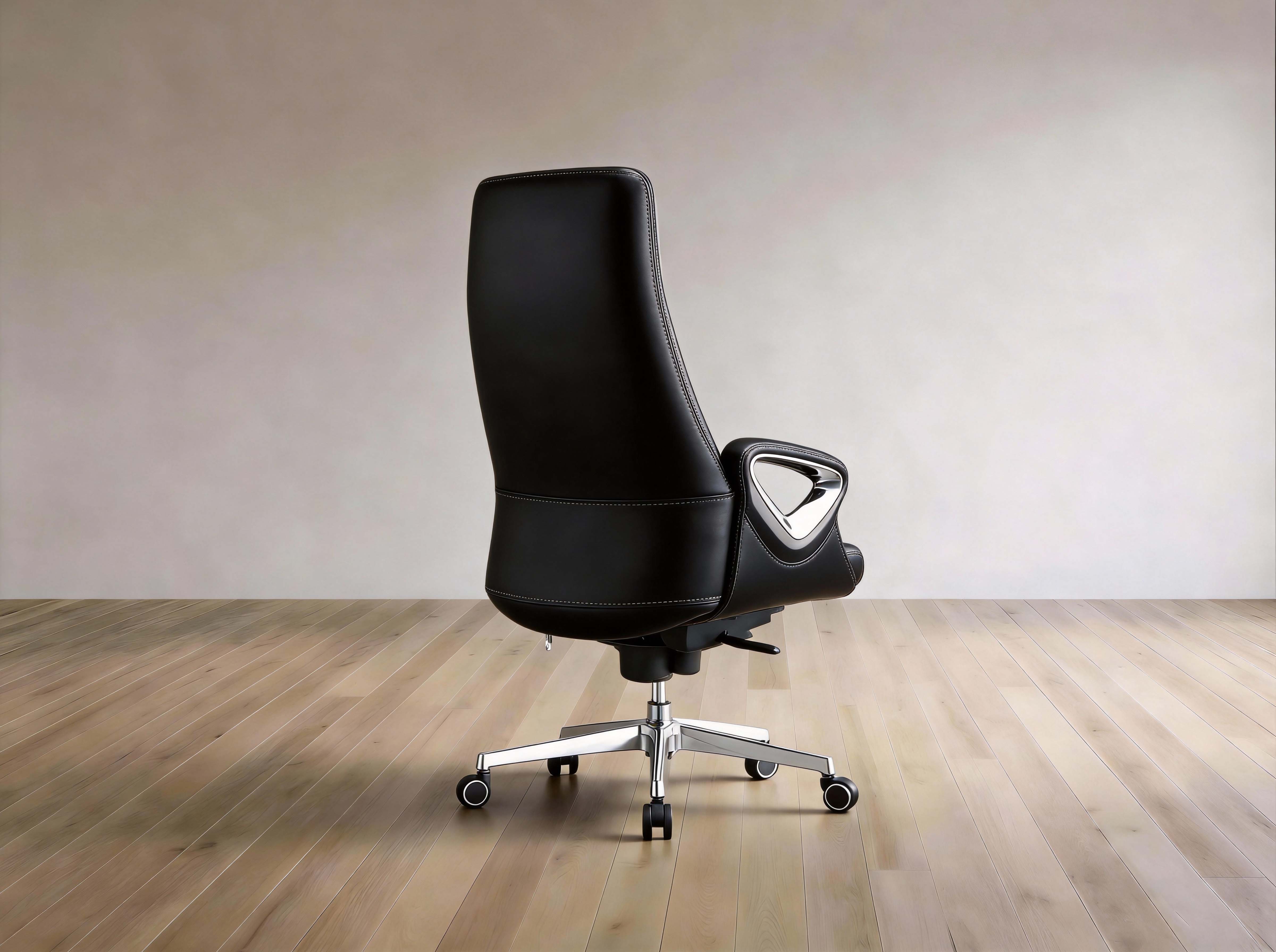 A black leather high-back office chair with a chrome five-star base and casters, shown from the side against a minimalist beige wall and light wood floor.