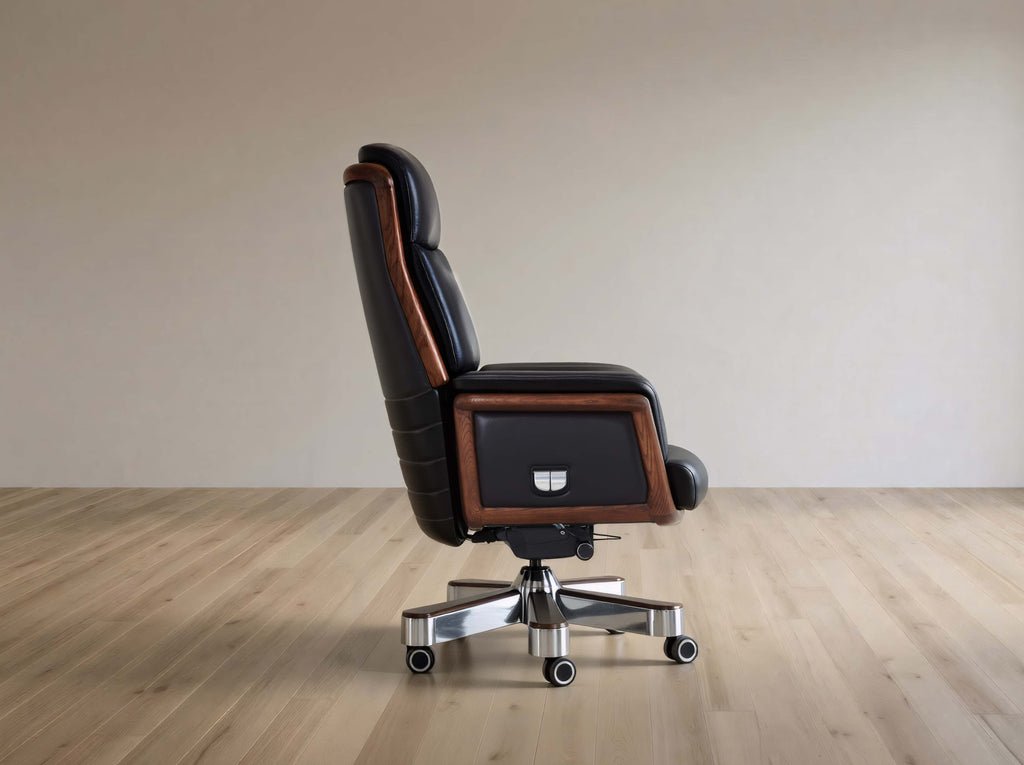 Luxury office chair with wooden accents in a minimalistic room.